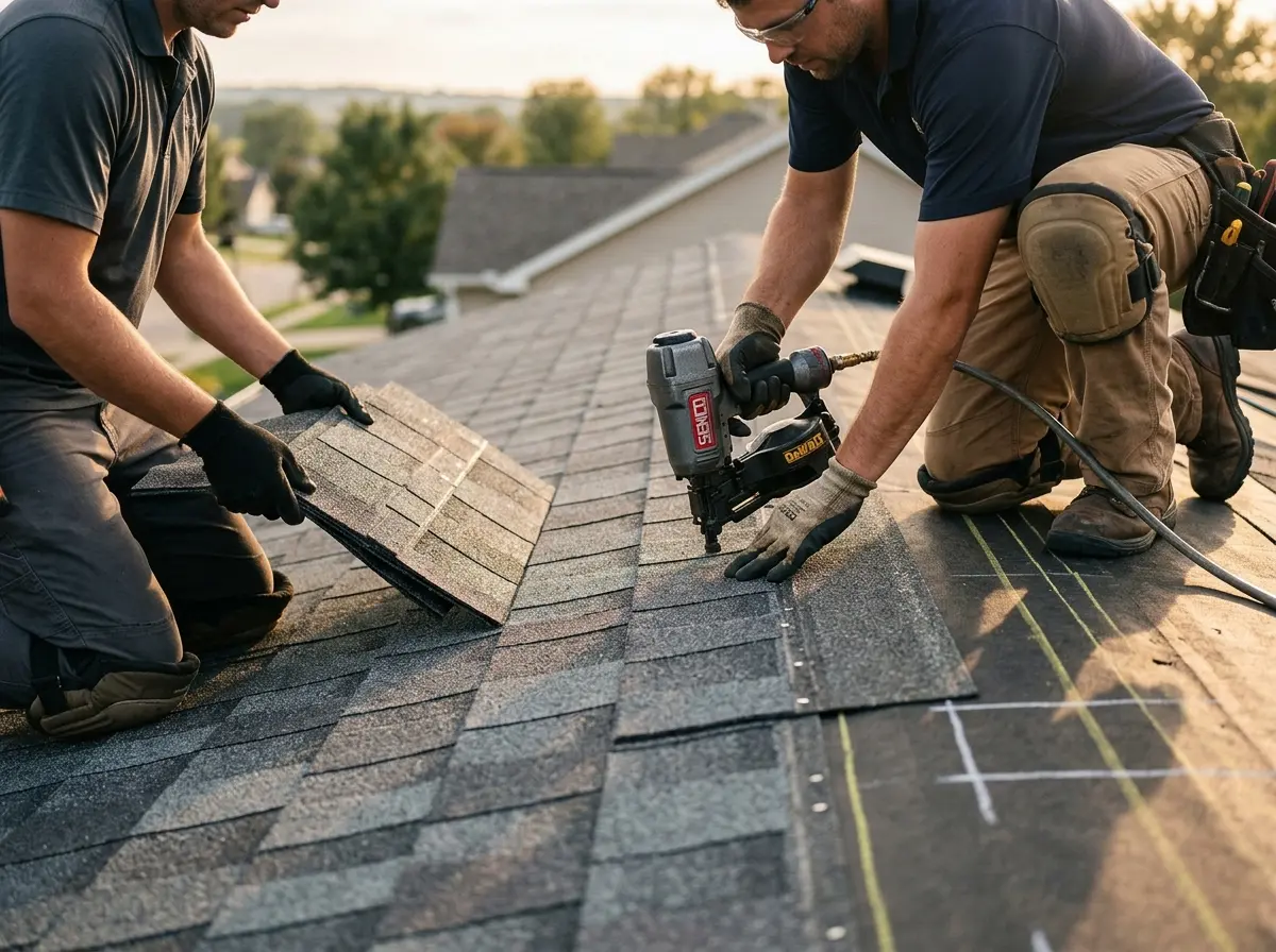 Professional roofer working on a residential roof in San Antonio